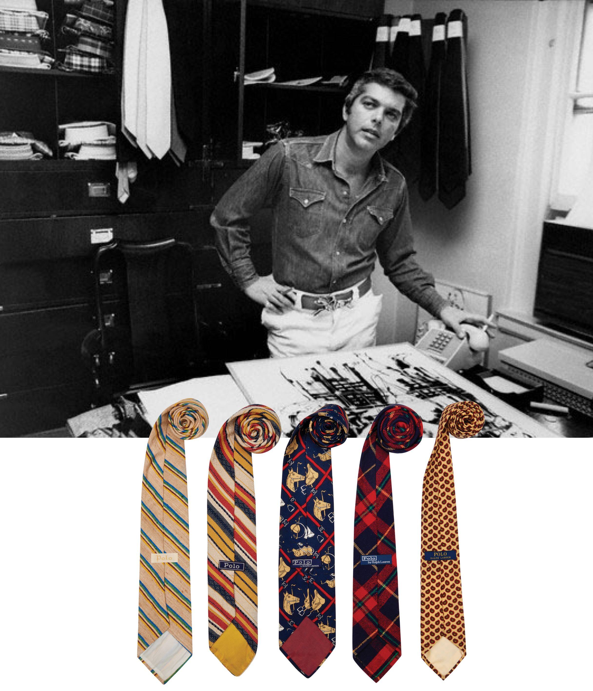 <div class="center-caption"> <div><strong>Un cabinet de curiosités</strong></div> <div> De haut en bas, Ralph au début des années 1970, lorsque son entreprise de cravates s'est développée pour confectionner des chemises ; quelques exemples de ses premières cravates qui, comme il l'écrit, étaient imprimées « de motifs et de rayures classiques en reps </div> </div> <div class="vertical-right caption-sub"> Photography credit (from top): Louis Liotta/New York Post Archives; Zachary Freyman </div>